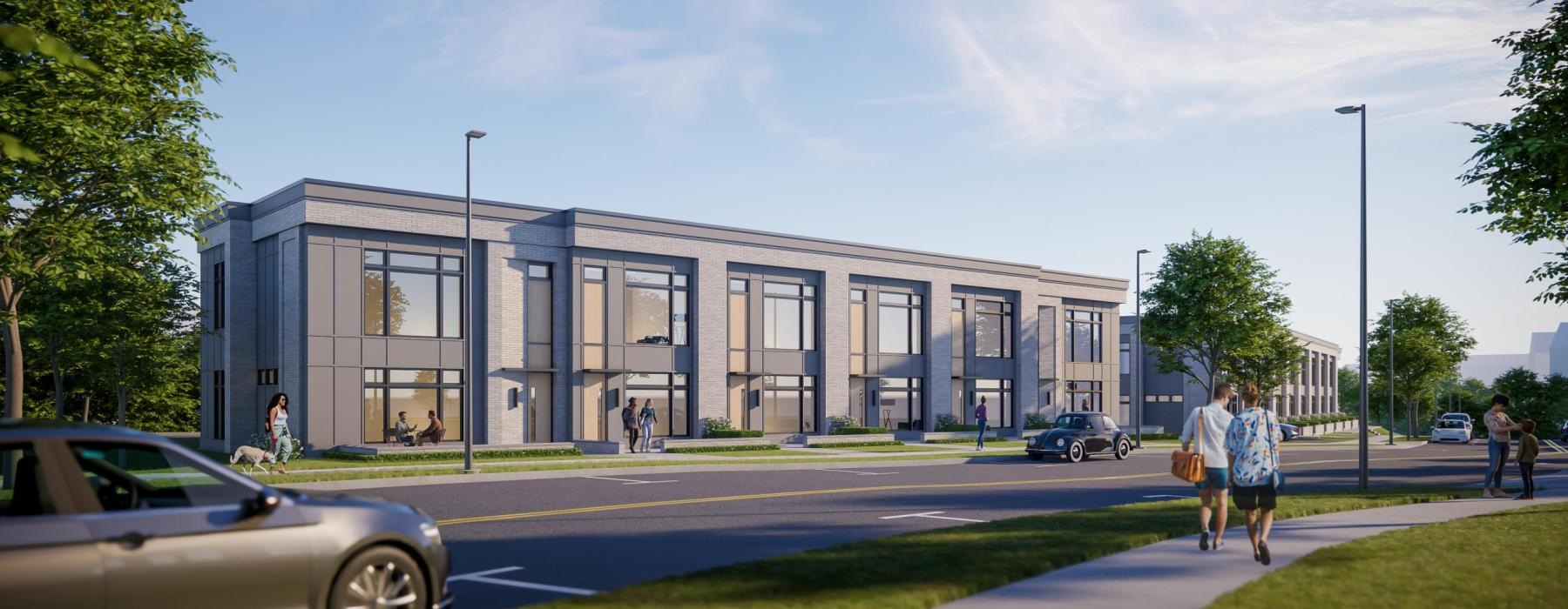 a building with people walking around